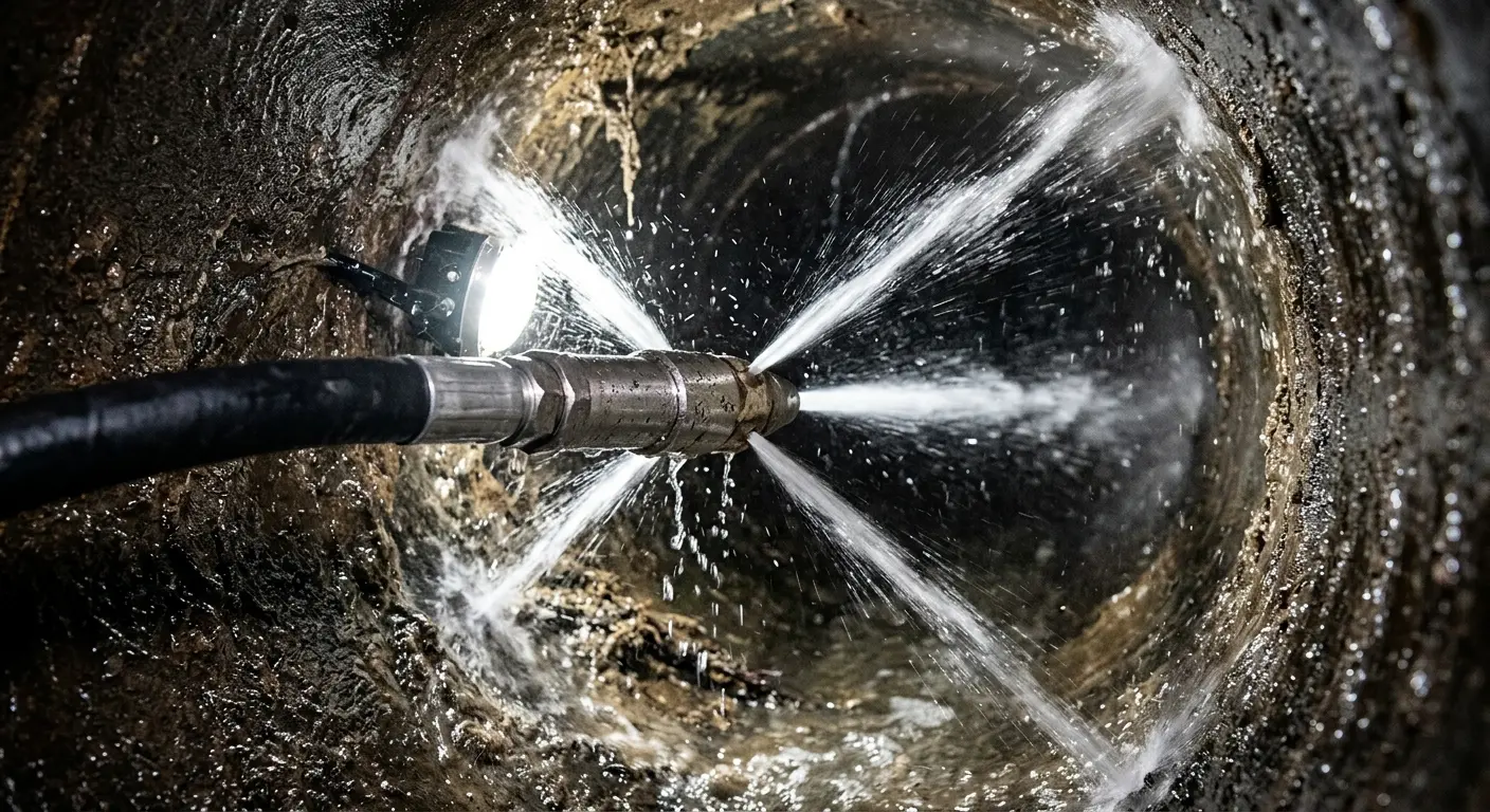 High-pressure hydro jetting nozzle cleaning sewer pipe for Trenchless Sewer Repair in Arizona City