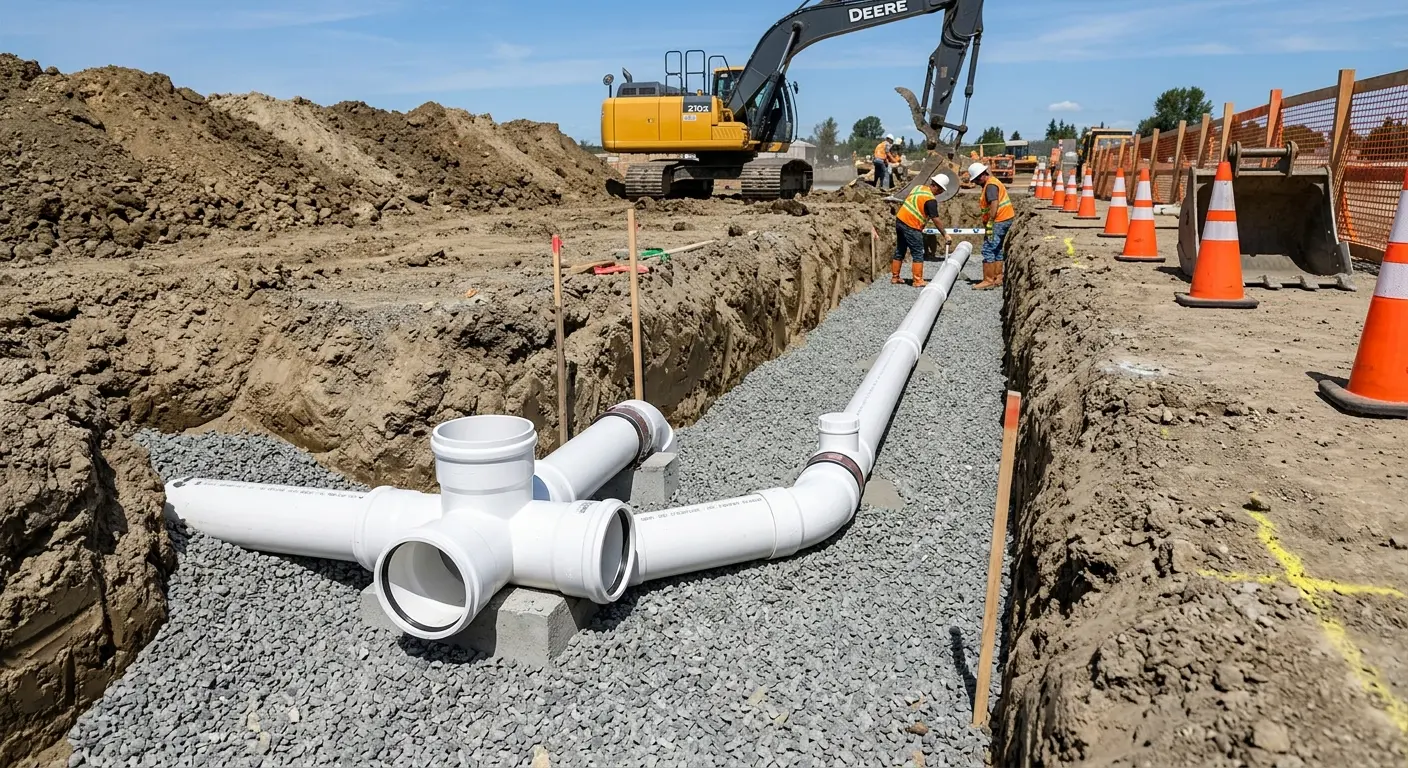 New PVC sewer pipe installation in open trench for Commercial Drain Cleaning in Arizona City