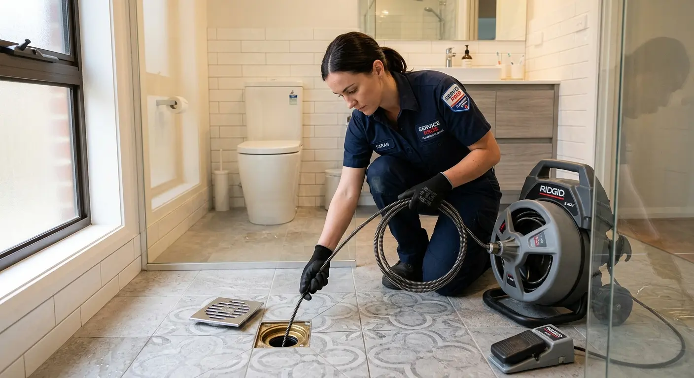 Technician clearing a bathroom floor drain for Clogged Drain Repair in Arizona City